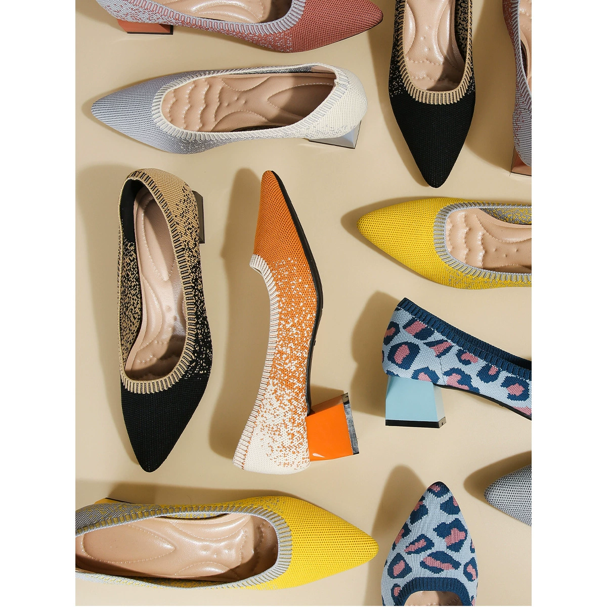 Туфли принцессы на массивном каблуке 2022, Новые Вязаные однослойные туфли с градиентом звездного неба и острым средним каблуком, Женская трансграничная Внешняя торговля, высокий каблук, Летающий тканый