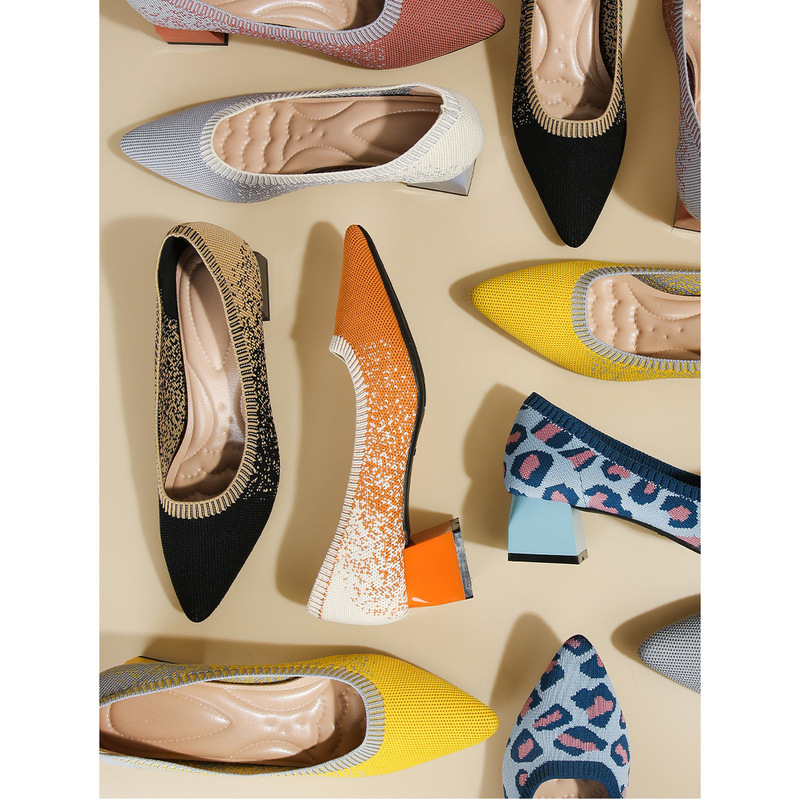 Thick-heeled Princess Shoes 2022 New Starry Gradient Knitted Pointed Mid-heeled Single-layer Shoes Women's Cross-border Foreign Trade High-heeled Flying Woven