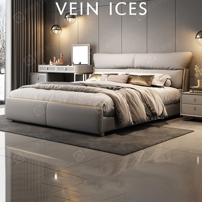 2026 New Model High-End Elegant Double Bed, Genuine Leather Wedding Bed, Solid Wood Frame, Large Bed with Soft Backrest, Cream Style with Storage