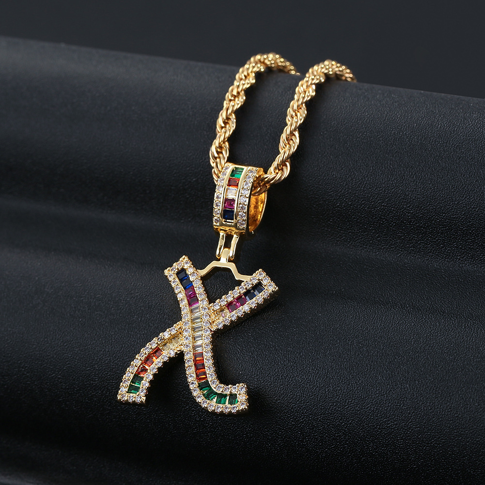 Hip Hop Color Zircon 26 English Letter Copper Necklace