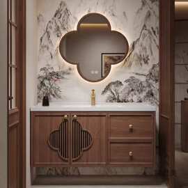 宋式美学橡木古风陶瓷一体浴室柜组合洗脸盆卫生间实木洗手盆洗漱