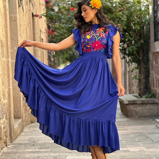 Bohemian Mexican Ethnic Lotus Leaf Sleeve Embroidered Long Skirt Independent Station Plus Size Women's Dress 12010