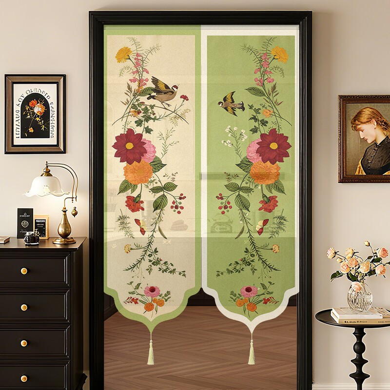 New High-End French Antique Door Curtain with Floral and Bird Design for Privacy, Suitable for Tea Room, Living Room, Bathroom, Bedroom, Kitchen, and Dining Room
