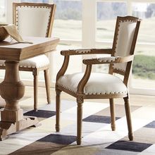 美式全实木橡木餐椅家用餐厅复古布艺乡村休闲椅扶手麻将椅子凳子