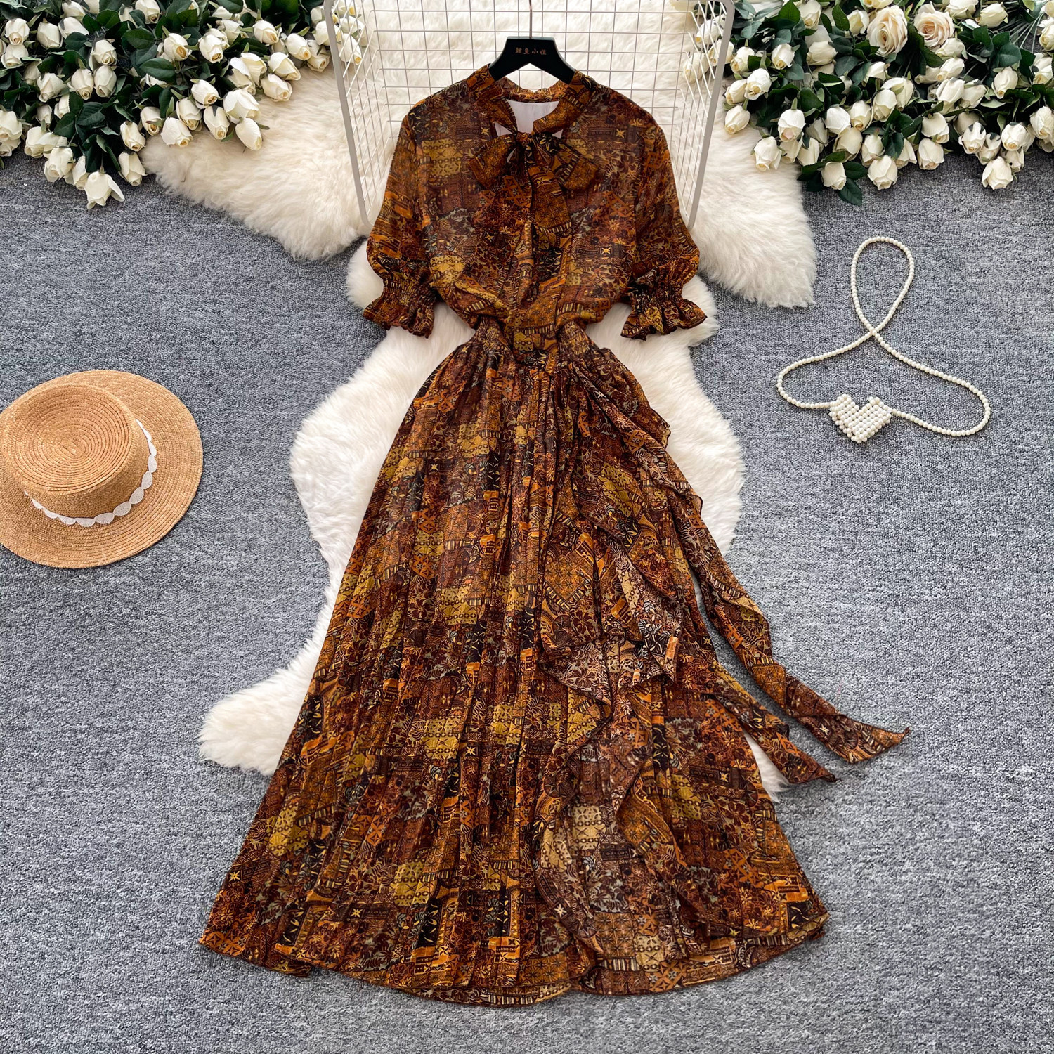 Retro Printed Dress Short Sleeved a Line Skirt Long Slimming Elegant Summer Women's Clothing_ecoleips.com