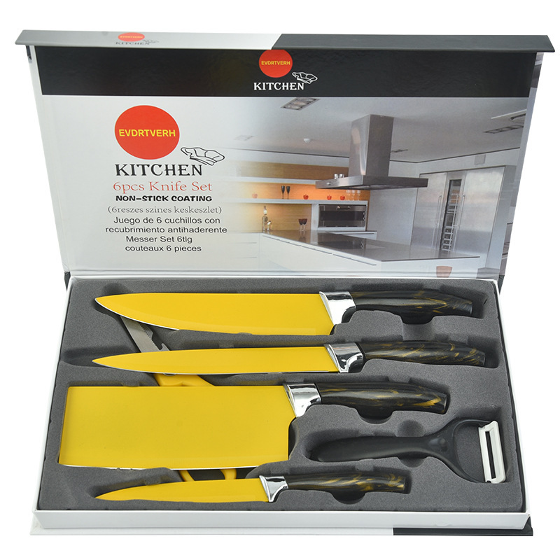 Lugar de fábrica al por mayor color dorado juego de cocina de seis piezas de acero inoxidable caja de regalo de color cuchillo de embalaje cuchillo de juego