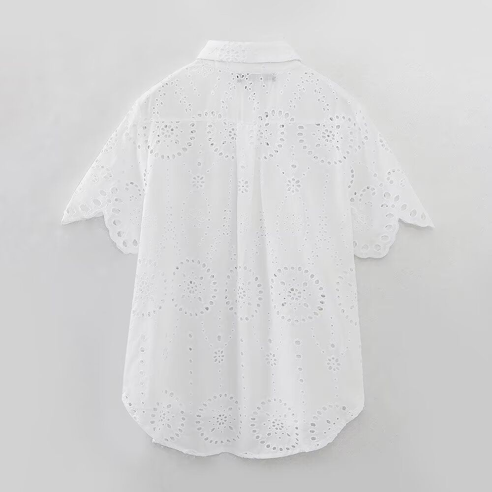 ZARW Self-made Casual Loose Hollow Embroidered Solid Color Top Shorts Set, European And American Style Summer New_ecoleips.com