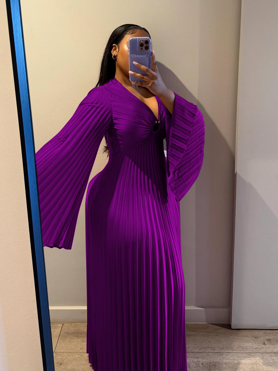Women's Clothing Elegant Slim Fit Women's Dress V Neck Pleated Long Sleeve Solid Color Casual Spring/Autumn Dress_ecoleips.com