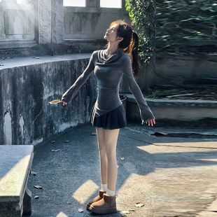 2024 New Top Spice Girl Korean Drama Women's Mid-length T-shirt Women's Pear-shaped Body Wear for Early Autumn Wear for Autumn