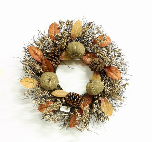 Día de Acción de Gracias calabaza caña decoración bayas pequeñas caña corona de flores