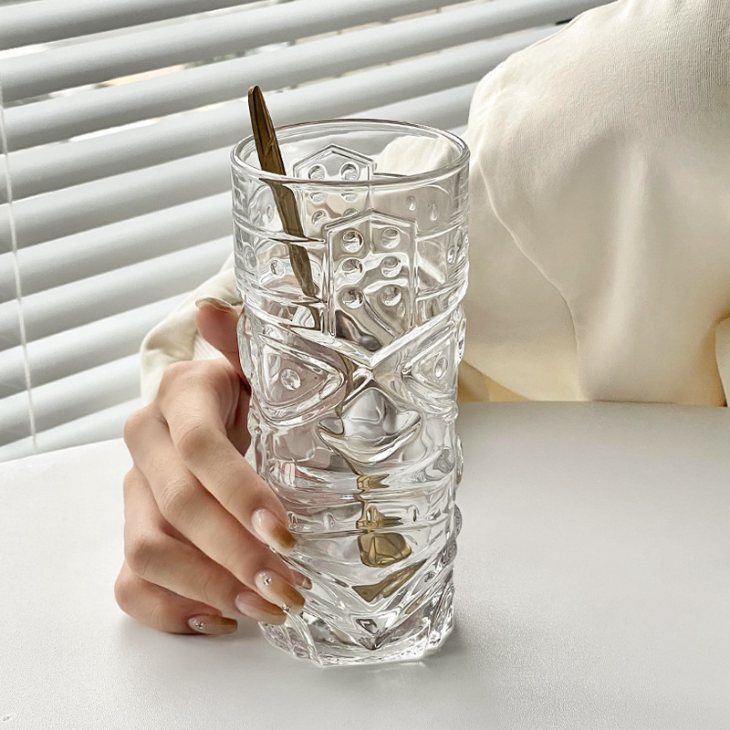 Sanxingdui vaso de vidrio en relieve, vaso de agua transparente, vaso de bebida fría, vaso de vino creativo, vaso de nicho personalizado