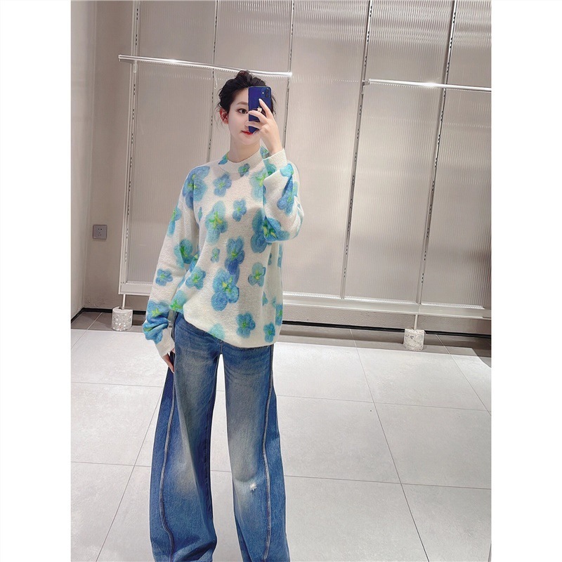 高版本现货春季新款宽松显瘦花朵提花圆领马海毛套头针织衫女毛衣|undefined