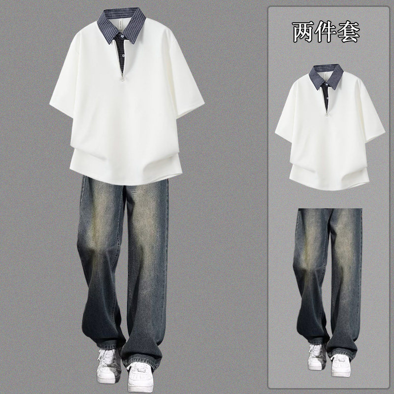 Summer new Korean-style houndstooth shirt casual suit paired with jeans, loose and stylish, trendy two-piece for students