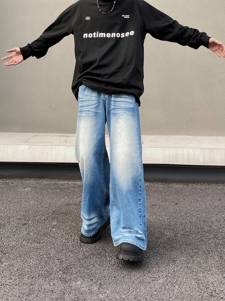 Vintage Washed Blue Wide Leg Jeans For Men & Women | Retro Loose Fit Straight Denim Pants | High Waist Comfort Styling_mkmklike.com