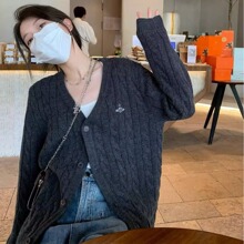 100纯羊毛开衫女加厚七针重工扭花刺绣毛衣休闲慵懒风针织羊绒外