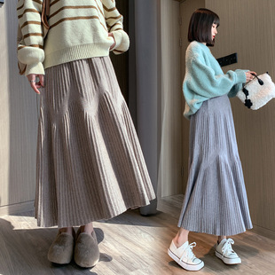 Real Shot Maternity Fashion Knitted Skirt Autumn and Winter High Waist Mid-length Outer Wear A- line Skirt