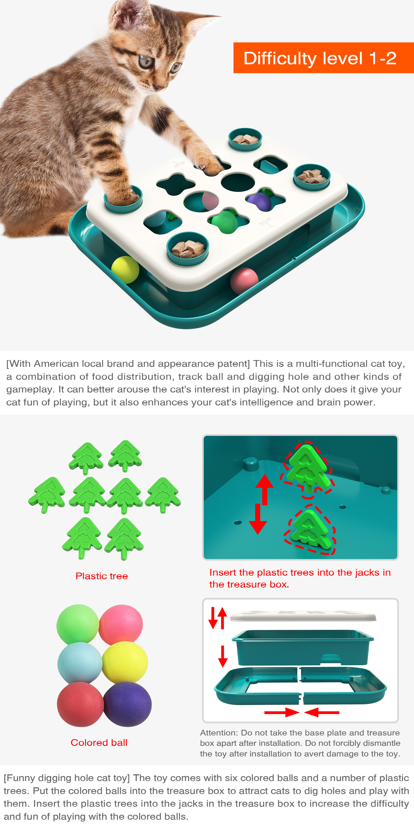 Modular Cat Puzzle Toy with 6 Balls, 4 Snack Cups & Dual Difficulty Levels