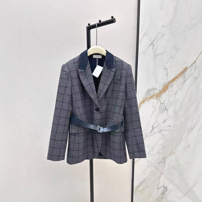 Shenzhen Nanyou 25 Early Autumn Style British Style Gray Blue Plaid Denim Splicing Lapel Waist Suit Jacket