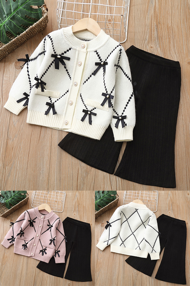 Xiaoxiangfeng Mädchenpullover, zweiteiliges Strickset für Kinder, neues Damen-Strickjackenset mit Schatzschleife_voghion.com