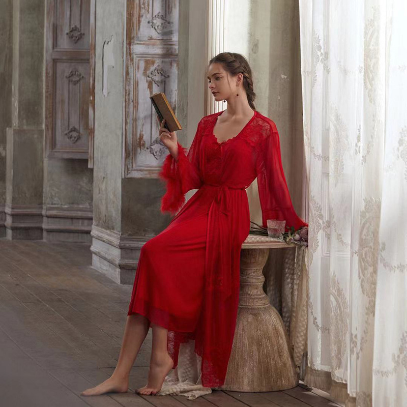 Spring and Summer Pure Desire Mesh Nightgown Lace Lace Long Sleeve Two-Piece Mature Women's Style Outwear Fashion Home Clothes