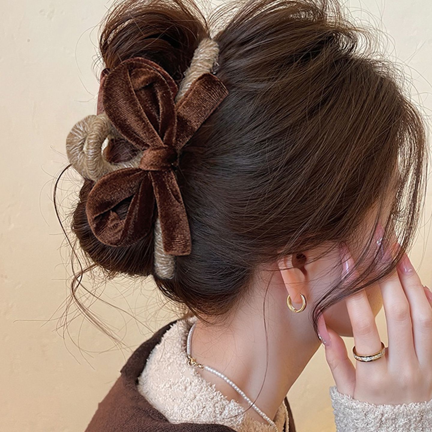 71#Brown velvet bow with gold thread yarn wrapped fabric, approximately 13cm