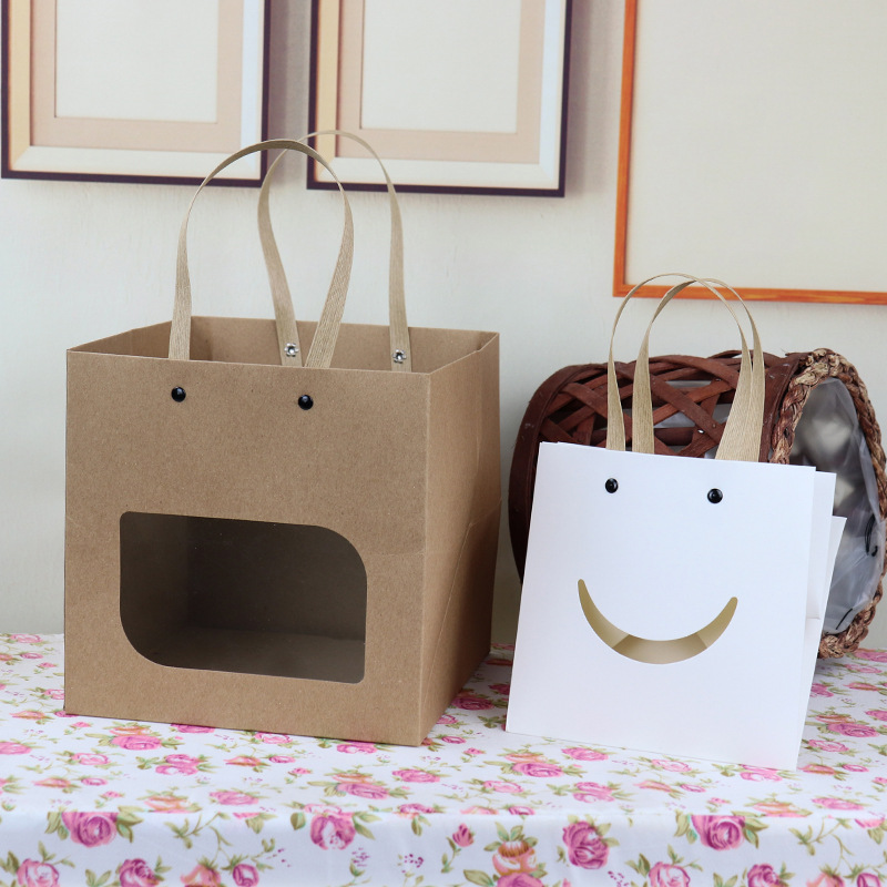 Smiling Face Windowed Kraft Paper Mini Square Gift Bags, Rivet Small Tote Bags, Flower Gift Bags