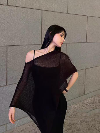 European and American New Style Loose, Casual, Asymmetrical Design See-Through Cape-Style Cover-Up Knit Sun Protection Top