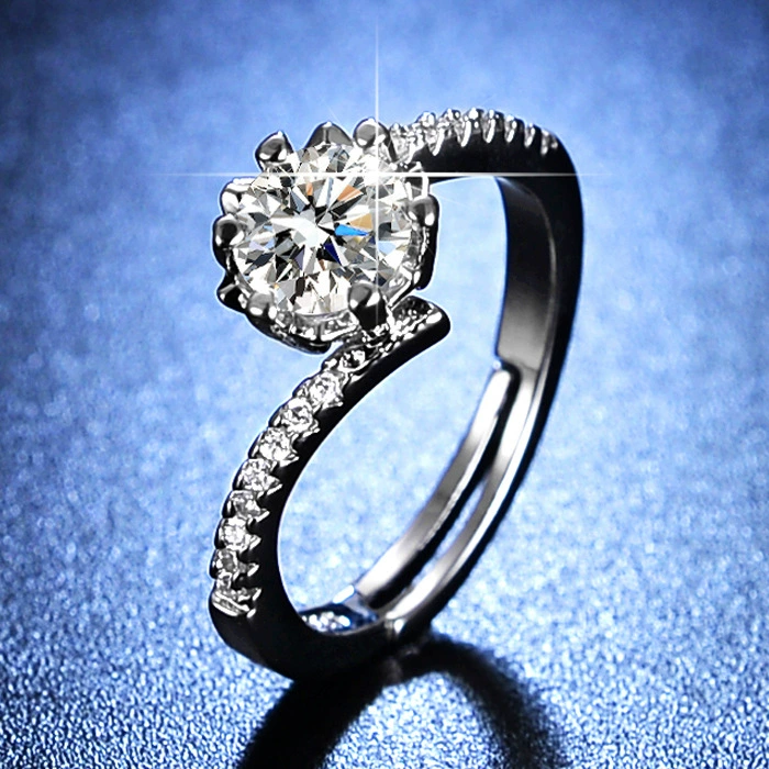 Ring one carat, adjustable open band with AAA zirconia, silver-layer plating
