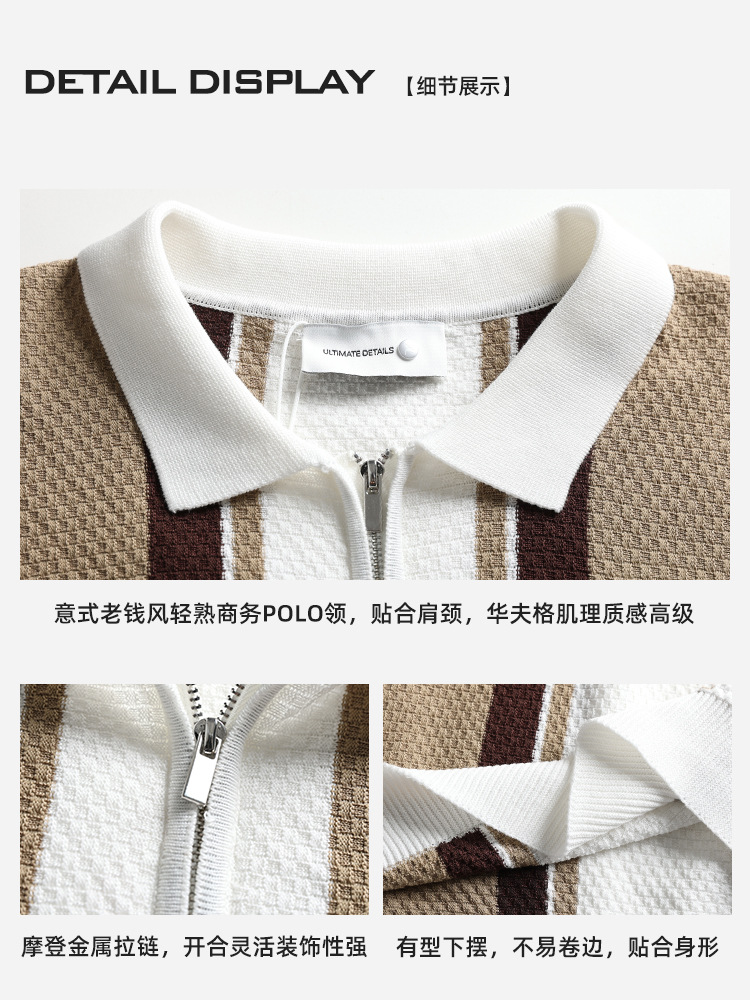 Europa y Estados Unidos transfronterizos hombres rayas hielo tejido polo medio cremallera solapa manga corta ligera camiseta casual de negocios madura