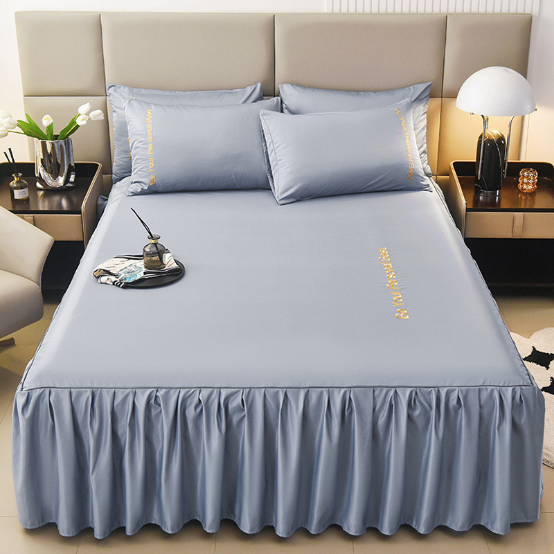 Summer Washed Silk Bed Skirt Non-Slip Bed Cover Princess Style Embroidered Mattress Cover Three-Piece Mattress Cover Household Mattress Cover