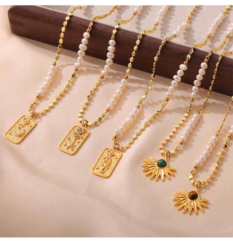 欧美新款时尚轻奢风天然虎眼石吊坠淡水珍珠串珠铜材质项链饰品详情13