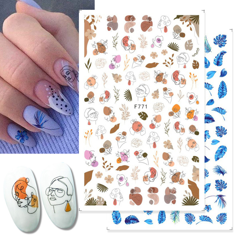 Cross-border new nail stickers abstract art lines lips graffiti fresh leaves adhesive nail stickers nail