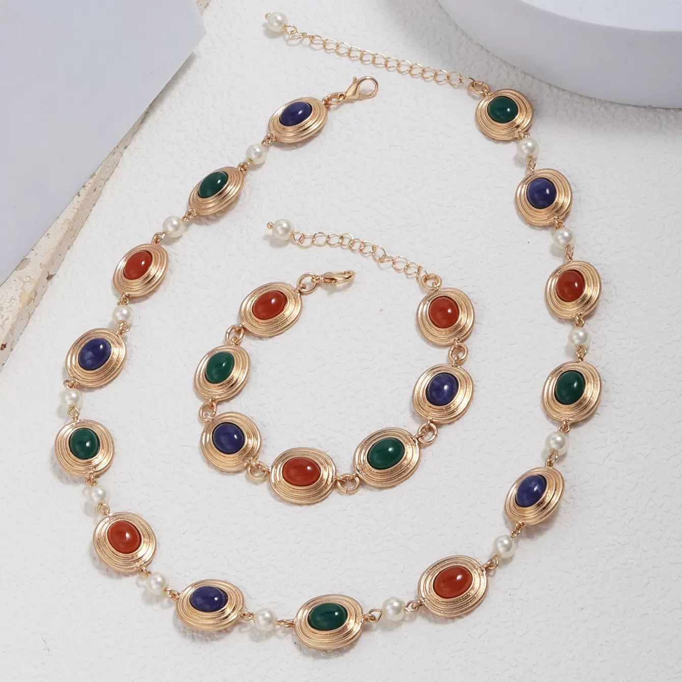 潮流设计开发 欧美风饰品 多彩玛瑙镶嵌金属质感项链手链套装女