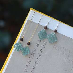 Natural Jadeite Blue Water Hollow Earrings Ruyi Knot Safe Buckle Earrings Qinan Aquilariae Aquilariae 925 Silver Earrings