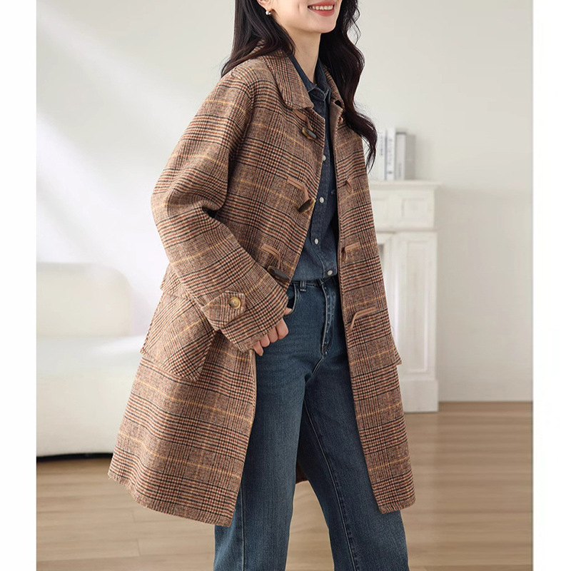 Elegant Retro Plaid Duffle Coat 2023 Autumn and Winter Women's Wool Woolen Autumn Woolen Coat Women's Hair