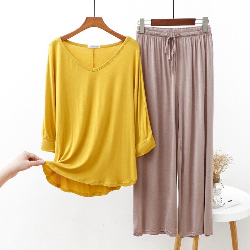 Spring and Summer Two-piece Suit Women's Loose plus size Dolman-sleeved Top Slim-fit Loose Waist Wide-leg Pants for Outer Wear Home Wear