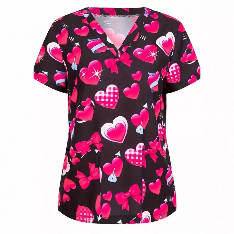 Love Butterfly Machine Printed V Neck Stretch Nurse Uniform Casual Short-Sleeved Patch Pocket Medical Uniform Temu Sale