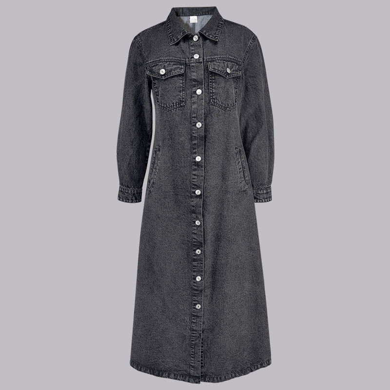 Elegant Long Denim Coat For Women, Mid Blue And Black Trench Style Jacket, Versatile Career Outerwear For Fall_ecoleips.com
