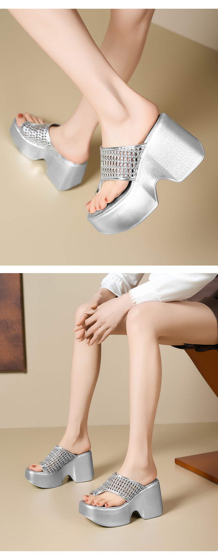 Dép tông nữ đế xuồng độn cao 10cm mùa hè 2025 kiểu xỏ ngón — Màu đen, Màu vàng nhạt, Màu trắng, Màu bạc chi tiết 8