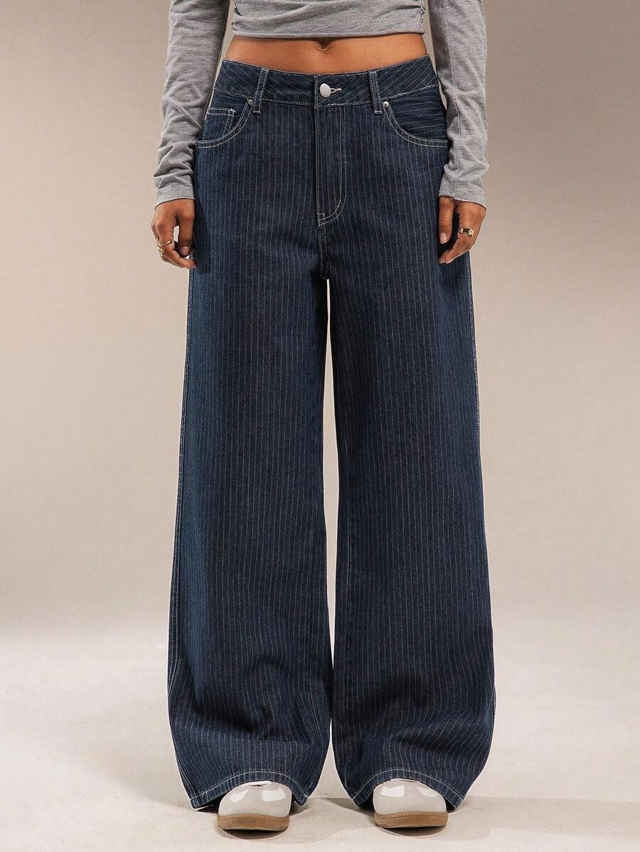 European And American Cross-border Women's Jeans, 2025 Autumn New Style, Blue Striped Casual Straight-le,_ecoleips.com