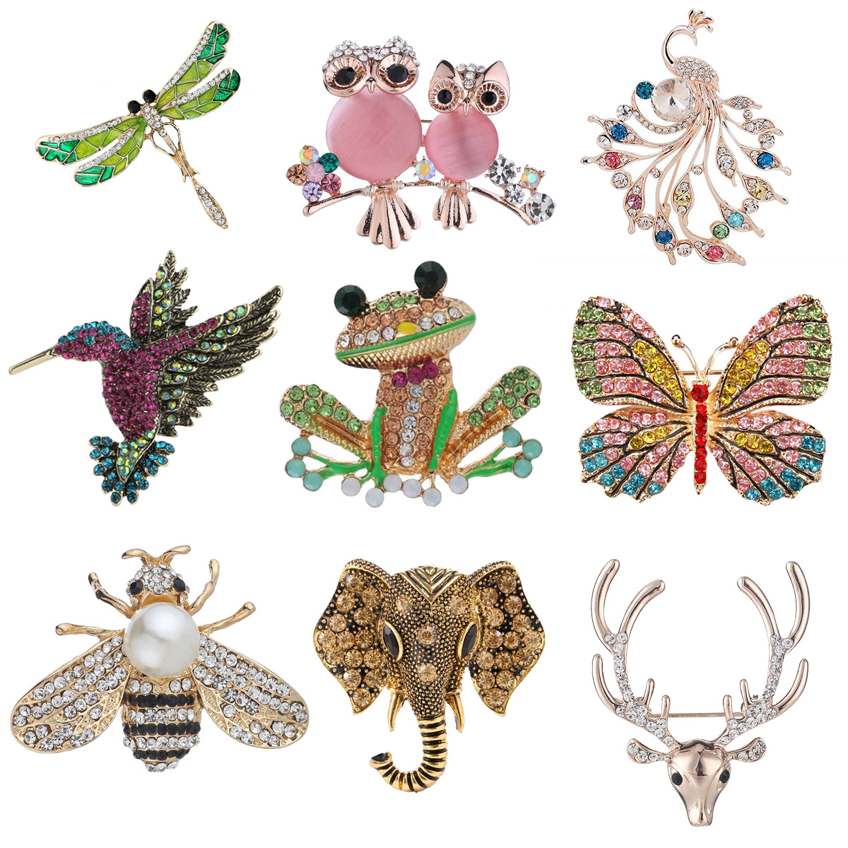 Broches en perles représentant des animaux : abeille, grenouille, libellule, pic, hibou, éléphant, tête de léopard, paon (vente en gros)._voghion.com
