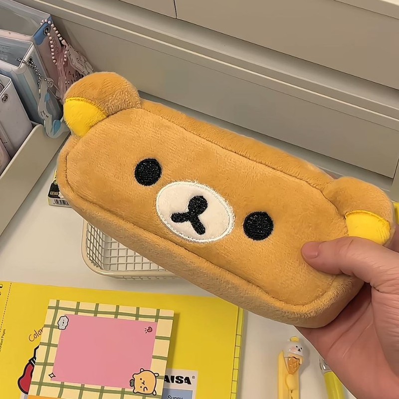 女の子向けの毛皮で覆われたかわいいリラックマの鉛筆バッグ、見栄えの良い化粧品バッグ、大容量の漫画文具筆箱、ペンホルダー|undefined