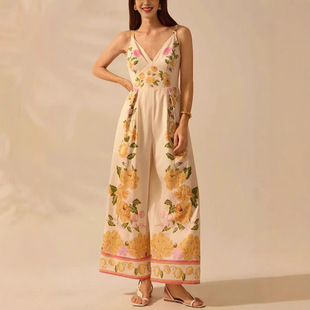 2025 European and American Cross-border Amazon Bohemian Style Plant Printed Casual Sling Vacation Wide Leg Pants for Women