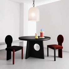 法式中古实木圆餐桌白蜡木原木创意设计师桌小户型家用黑色圆形桌