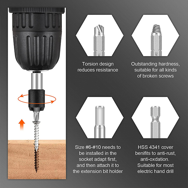 Extractor de tornillo de 33 piezas de acero de alta velocidad extractor de alambre roto traje de herramienta de alambre roto hilo inverso