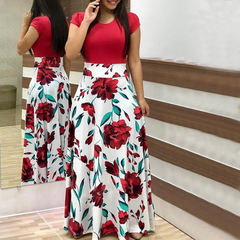 Cross-Border Dress Spring and Summer Short-Sleeved European and American Amazon Floral Long Skirt Printed Color Matching Long-Sleeved Foreign Trade Women's Clothing