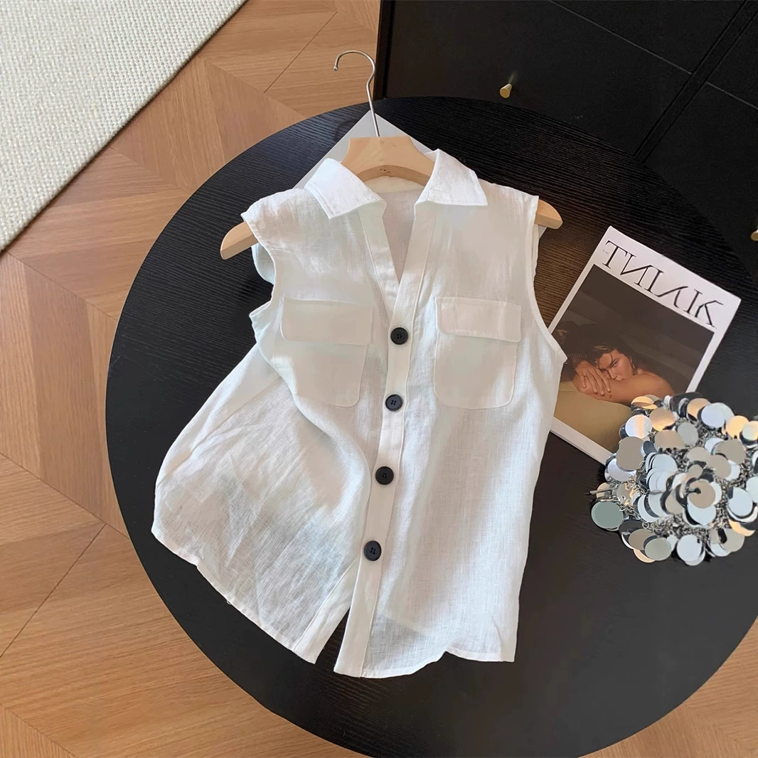 Универсальная короткая рубашка без рукавов в стиле Old Money с v-образным вырезом для женщин, летняя повседневная модная модная рубашка во французском стиле
