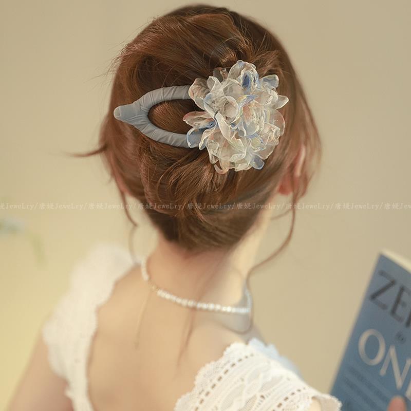 後頭部の髪の量の多い女性向けの春のガーゼフラワーダックビルヘアクリップ、ハイエンドトップクリップ、シャーククリップ|undefined
