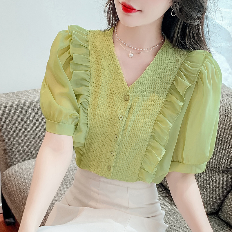 여름 새로운 스타일 최고 유행 귀 스티치 버블 슬리브 V-넥 셔츠 우아한 모든 경기 슬리밍 쉬폰 셔츠