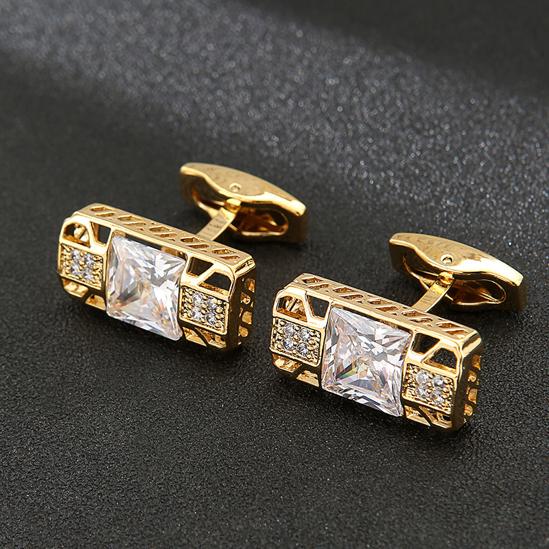 Rectangular gold crystal zirconium cufflinks for men, French-style shirt cuff fasteners
